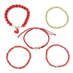Set di braccialetti elasticizzati con perline in vetro e ottone da 5 pz, Braccialetti regolabili con strass in lega cuore e infinito per San Valentino, rosso, diametro interno: 5 pollice (2-1/8 ~3-1/2 cm), 5.4~9pc / style