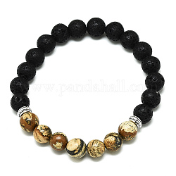 Natürliche Bild Jaspis Perlen Stretch-Armbänder, mit synthetischen Lavasteinperlen und Legierungsperlen, Runde, Innendurchmesser: 2-1/8 Zoll (5.5 cm), Perlen: 8.5 mm