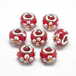 Perles européennes vernissées manuelles, lampwork bosselé, en laiton de platine noyaux doubles, Perles avec un grand trou   , Rondelle avec des fleurs, rouge, 16x14x10.5mm, Trou: 5mm