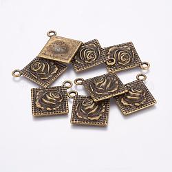 Alloy Pendants, Lead Free and Cadmium Free, Rhombus with Rose, Antique Bronze, 38.5mm long, 33.5mm wide, 1mm thick, hole: 3.5mm