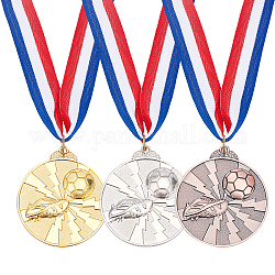Ahandmaker 9pcs medalla de aleación de zinc de 9 colores, con cinturón de algodón, plano y redondo con el patrón de fútbol, color mezclado, 48.5 cm, 3 piezas / color