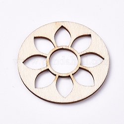 Wood Cabochons, Laser Cut Wood Shapes, Flat Round with Lotus, Blanched Almond, 48.8x1.59mm