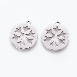 201 Stainless Steel Pendants, Manual Polishing, Flat Round with Snowflake, Stainless Steel Color, 18x16x1.5mm, Hole: 1.2mm