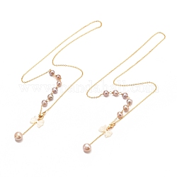 Brass Lariat Necklaces, with Natural Pearl & Bowknot Natural Shell Pendants, Long-Lasting Plated, Real 18K Gold Plated, 17.13 inch(435mm)