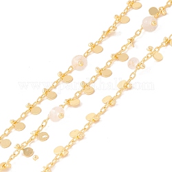 Chaînes de perles de colonne de cristal de quartz naturel, avec chaînes de trombones en laiton et breloque ronde plate, soudé, avec bobine, sans plomb et sans cadmium, or, 2x1x0.5mm, 5.5x3x1mm