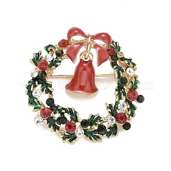 Bunter weihnachtskranz mit glocke emailnadel mit strass, Legierungsabzeichen für Rucksackkleidung, golden, 36x37x11 mm