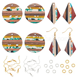 Olycraft DIY Dangle Earring Making Kits, Including Resin & Rhombus and Circle Walnut Wood Pendants, Brass Earring Hooks & Jump Rings, Mixed Color, 32pcs/box