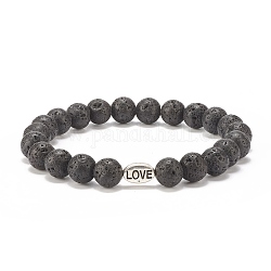 Bracelet extensible en pierre de lave naturelle avec perles en alliage Word Love, bijoux de pierres précieuses d'huile essentielle pour les femmes, diamètre intérieur: 2-1/8 pouce (5.5 cm)