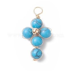 Synthetic Turquoise Copper Wire Wrapped Pendants, Religion Cross Charms, with Brass Beads, Light Gold, 29.5~30x16.5~17x6.5~7mm, Hole: 3.5~4mm