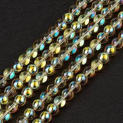 Trasparenti perle di vetro placca fili, arcobaleno placcato, tondo, oro, 8x7mm, Foro: 1.2 mm, circa 50~52pcs/filo, 36.8~39cm