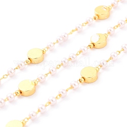 Handmade CCB Plastic Imitation Pearl Beaded Chains, with Brass Flat Round Beads and Spool, Soldered, Long-Lasting Plated, Round, Golden, Round Beads: 3mm, Flat Round Beads: 6x3mm, 32.8 Feet(10m)/roll