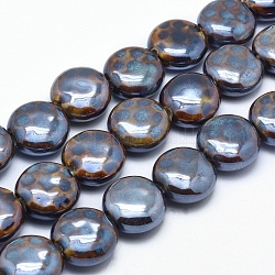 Perles de porcelaine écologiques faites à la main, plat rond, café, 18.5~19x8.5~9mm, Trou: 2.5~3mm