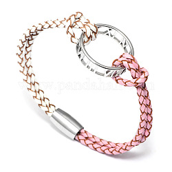 Ring-Armbänder aus Aluminium, mit Lederband und legierten Magnetverschlüssen, Platin Farbe, Perle rosa, 7-1/2 Zoll (19 cm)