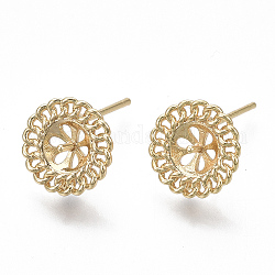 Brass Earring Findings, for Half Drilled Beads, flat Round, Nickel Free, Real 18K Gold Plated, 1x11mm, Pin: 0.8mm, Pin: 1mm(for half drilled beads)