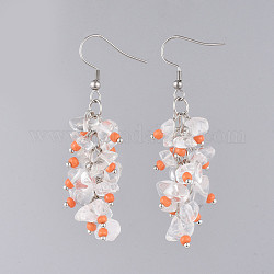 Pendentifs d'oreilles, avec des perles en verre de graine, Perles en cristal de quartz naturel et crochets de boucle d'oreille en acier inoxydable, orange, 63mm, pin: 0.7 mm