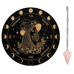AHANDMAKER Pendulum Board Set, Wooden Dowsing Divination Board Metaphysical Message Board with Crystal Pendulum Necklace for Witchcraft Wiccan Altar Supplies Kit, Witch & Flowers
