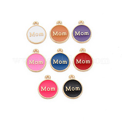 Alloy Enamel Charms, Cadmium Free & Lead Free, Light Gold, Flat Round with Mom, Mixed Color, 14.5x12x2mm, Hole: 1.4mm