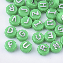 Plating Opaque Acrylic Beads, Metal Enlaced, Horizontal Hole, Flat Round with Letter, Medium Sea Green, 10x6mm, Hole: 1.8mm, about 1580pcs/500g