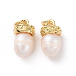 Rack Plating Shell Pearls Charms, with Brass Findings and Jump Ring, Long-Lasting Plated, Cadmium Free & Lead Free, Oval, Real 18K Gold Plated, 13~14x7mm, Hole: 3mm