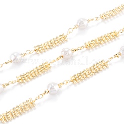 Chaîne de perles en laiton à la main, avec perle d'imitation en plastique ccb et bande de perles en laiton, Plaqué longue durée, non soudée, avec bobine, or clair, bande: 17x6x5mm, perle: 18.5x7x7 mm, 32.8 pied (10 m)/rouleau