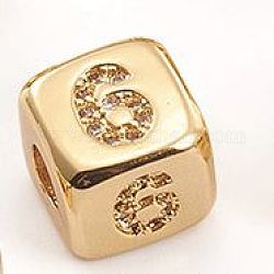 Perline zirconi micro pave  in ottone, cubo con il numero, chiaro, oro, num. 6, 8.5x8.5x8.5mm, Foro: 3.5 mm