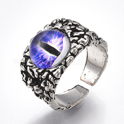 Alloy Glass Cuff Finger Rings, Wide Band Rings, Dragon Eye, Antique Silver, Blue Violet, Size 10, 20mm