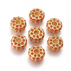Alloy Rhinestone European Beads, Large Hole Beads, Golden Metal Color, Rondelle, Light Siam, 14x7mm, Hole: 5mm