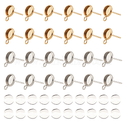 AHANDMAKER 40 Pcs(20Pairs) 304 Stainless Steel Ear Studs with Loops Set, 2 Color Cabochon Blank Earring Studs with 40 Pieces Transparent Glass Cabochons, for DIY Earring Making, Tray: 6mm; Pin: 0.8mm