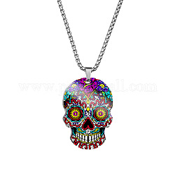 Stainless Steel Skull with Flower Pendant Necklaces, Halloween Jewelry for Women, Yellow, 23.62 inch(60cm)