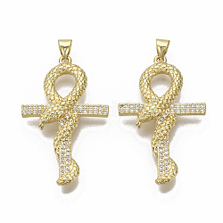 Brass Micro Pave Cubic Zirconia Pendants, Nickel Free, for Easter, Snake Wrapped around Ankh Cross, Clear, Real 16K Gold Plated, 37.5x22.5x6mm, Hole: 3.5x4mm