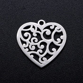 Pendentifs en 201 acier inoxydable, coeur avec cirrus, couleur inoxydable, 15.5x15.5x1mm, Trou: 1.2mm