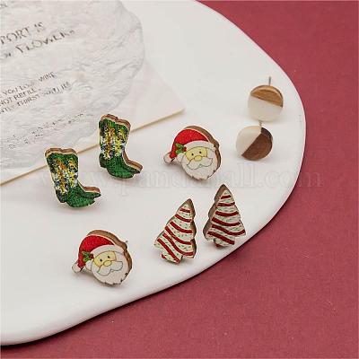 サンタクロース&ブーツ&クリスマスツリープリントウッドスタッドピアス