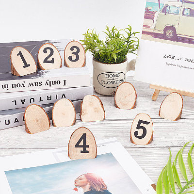 Rustic Table Number Display Kit, including 10Pcs Wooden Cutouts Ornaments,  1 Sheet Paper Stickers, Number 1~10, for Party, Wedding, Festival