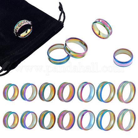Unicraftale 14 pz arcobaleno anello con nucleo vuoto misura 6-12 anello scanalato in acciaio inossidabile con sacchetti di velluto anello rotondo vuoto per anello intarsiato creazione di fede nuziale per gioielli RJEW-UN0002-34-1