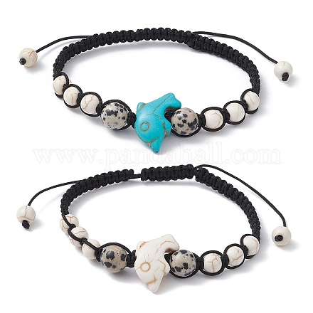 Set di braccialetti con perline intrecciate di delfino turchese sintetico di 2 colori e diaspro dalmata naturale BJEW-JB09839-1
