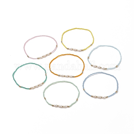 7 pz 7 colori perle naturali e semi di vetro e cavigliere elasticizzate con perline in ottone per donna AJEW-AN00529-1