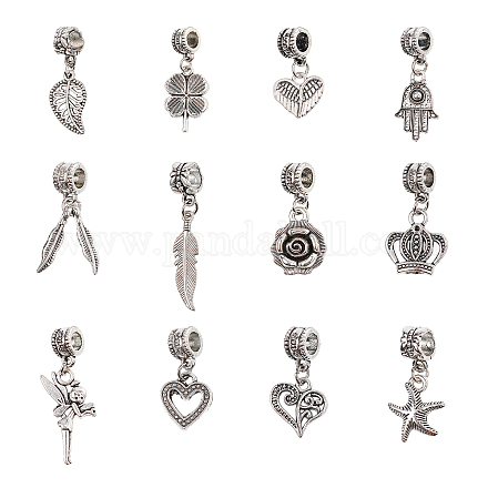 PandaHall 48pcs 12 Styles Dangle Spacer Beads European Dangle Beads Heart Wing Feather Crown Leaf Large Hole Pendants Connectors Bails Beads for European Charm Bracelet Pendant Jewelry Making PALLOY-PH0013-35AS-1