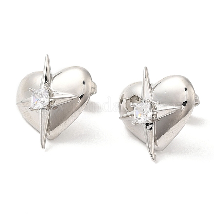 Rack Plating Brass Heart with Star Stud Earrings with Clear Cubic Zirconia Earring for Women EJEW-A101-05P-1