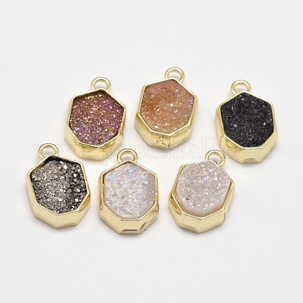 Hexagon Electroplated Natural Druzy Agate Pendants G-M252-01-1