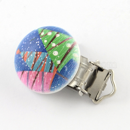 Christmas Tree Pattern Printed Wooden Baby Pacifier Holder Clip with Iron Clasp WOOD-R251-05B-1