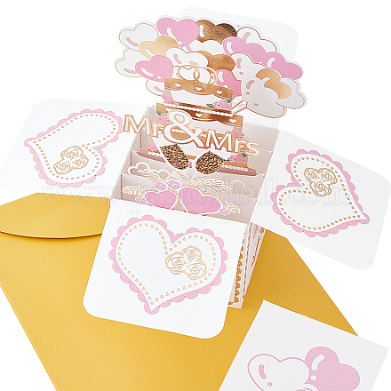 3dポップアップケーキ＆バルーンボックスグリーティングカード  封筒付き  ワード氏＆夫人  バレンタインのお祝いギフト用品  ピンク  80x80x0.4mm AJEW-WH0258-100A-1