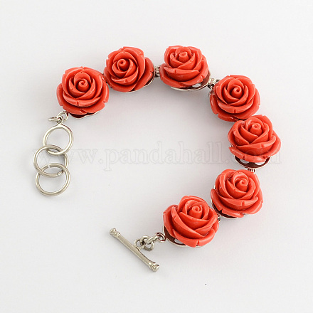 Rose Flower Synthetic Coral Link Bracelets BJEW-S102-03-1
