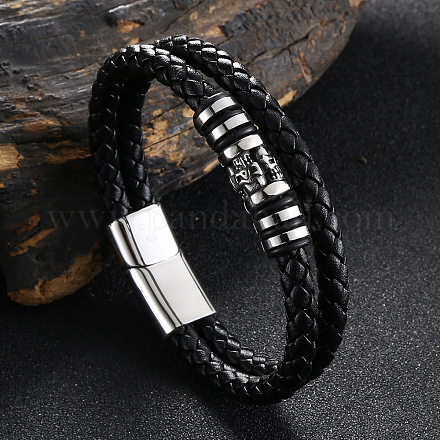 Bracelet multi-rangs double couche en cuir perlé tête de mort en acier inoxydable SKUL-PW0004-26E-01-1