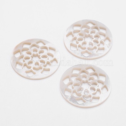 Плоские круглые с цветочными натуральный белый кабошонах оболочки SHEL-L003-45-1