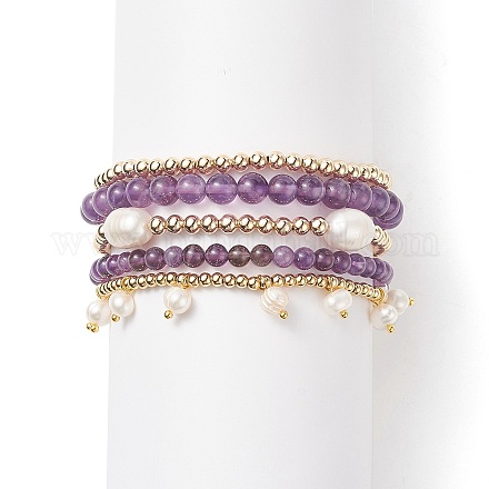 Ensemble de bracelets extensibles en perles d'améthyste naturelle et de laiton de style 5pcs 5 BJEW-JB08870-01-1