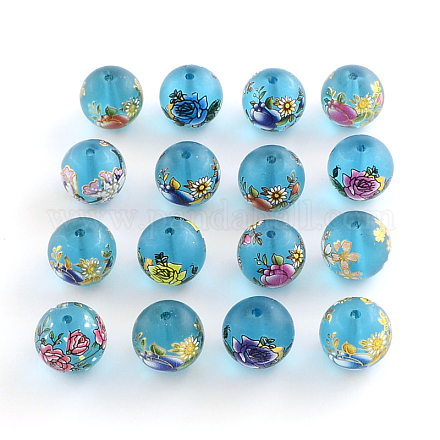 Flower Picture Frosted Glass Round Beads GFB-R004-14mm-M08-1