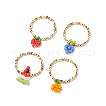 4pcs 4 stile fragola e arancia e anguria e modello di uva vetro e anello da dito intrecciato in ottone per le donne RJEW-TA00047-1