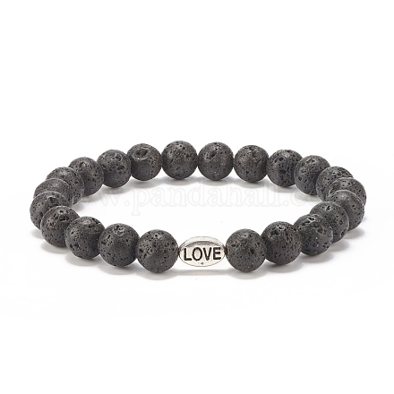 Natural Lava Rock Stretch Bracelet with Word Love Alloy Beads BJEW-JB08192-02-1