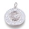 Brass Enamel Pendants, with Micro Pave Cubic Zirconia, Flat Round with Moon, White, Platinum, 20x18x2.5mm, Hole: 3.5mm