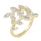 Leaf Brass Micro Pave Clear Cubic Zirconia Cuff Ring for Women, Real 18K Gold Plated, Inner Diameter: 17mm